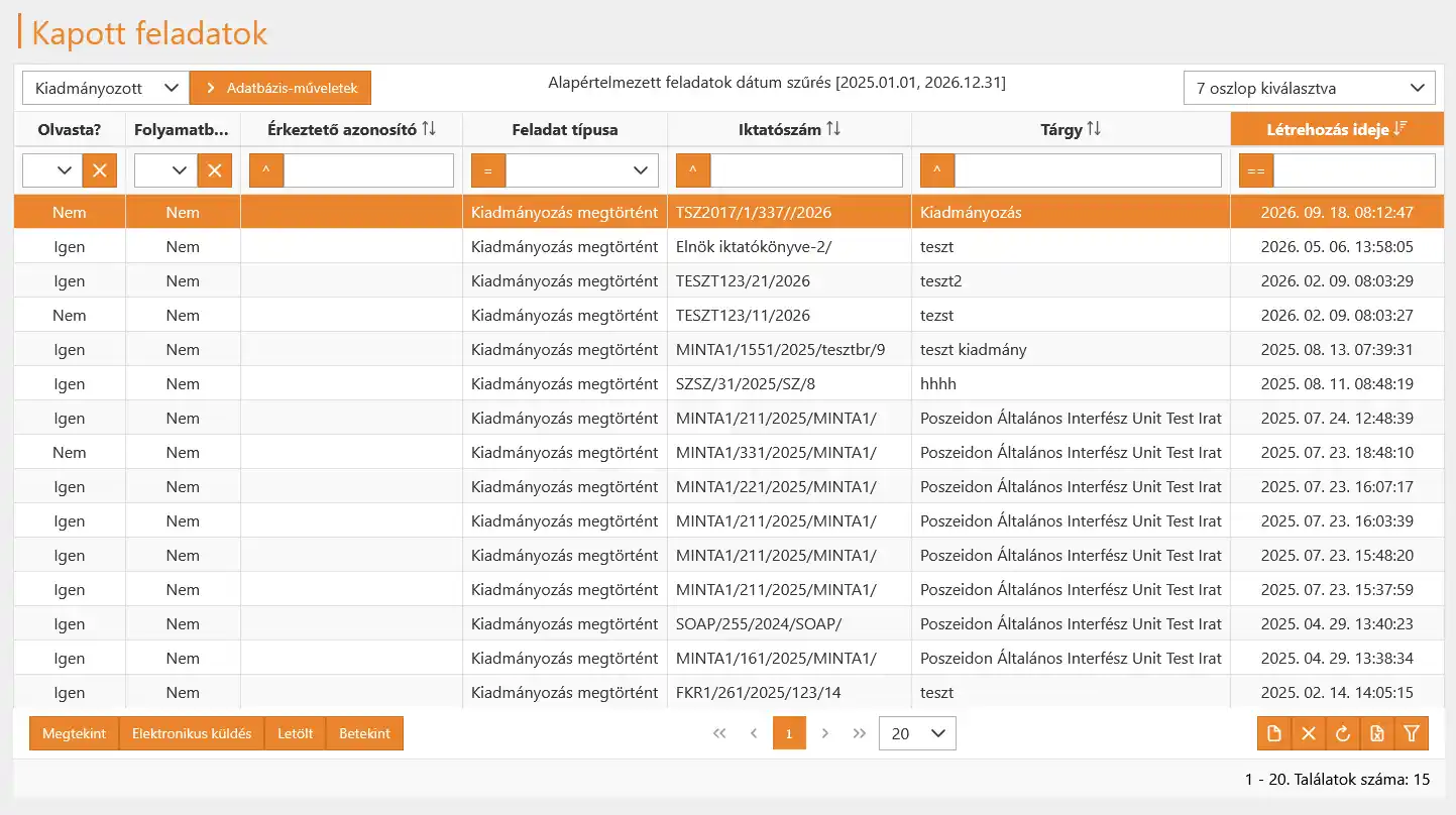 Kapott feladatok és workflow a Poszeidon rendszerben